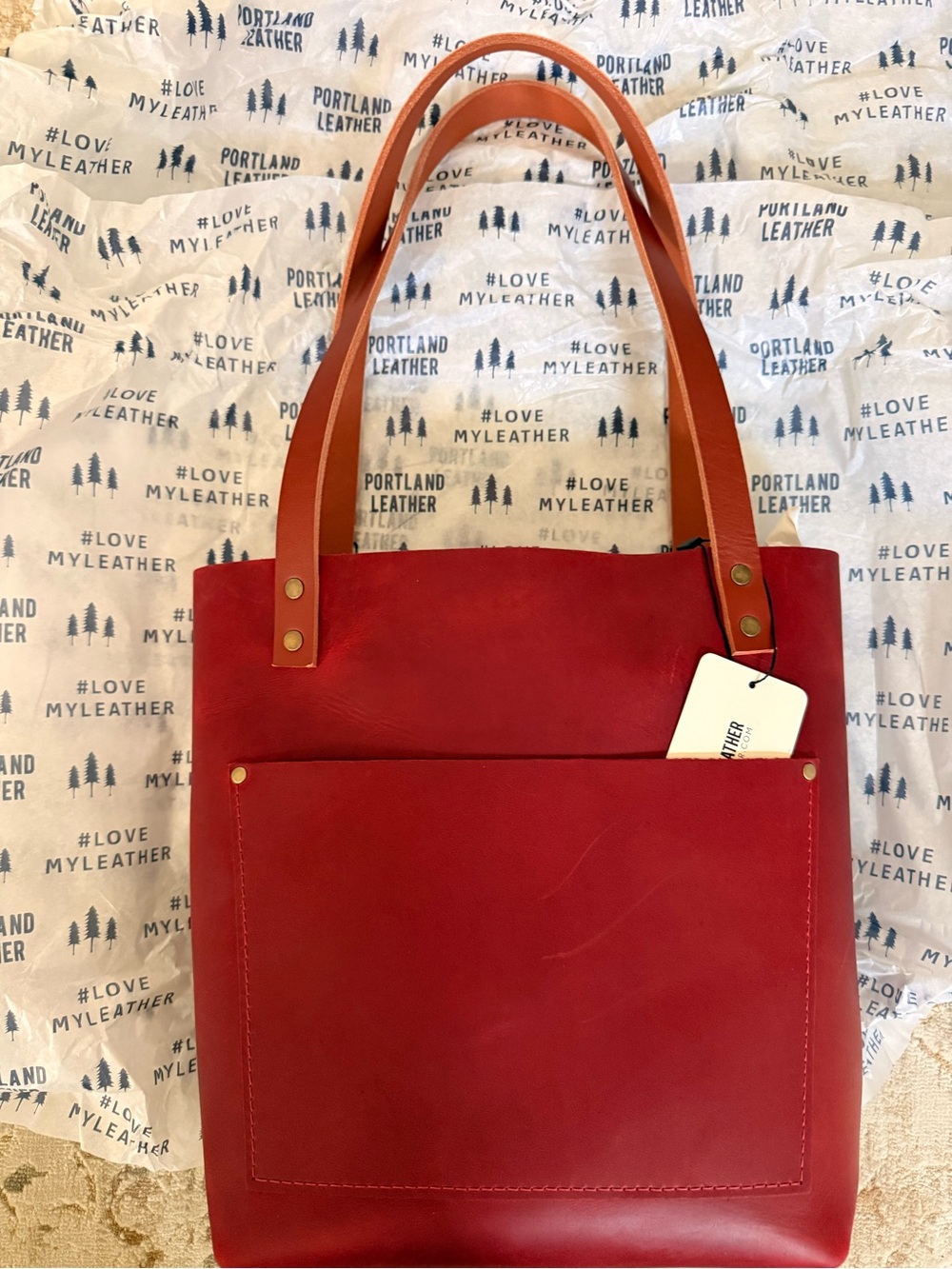 Portland Leather Red Leather Tote with Tan Handles